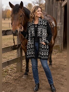 Extra Touch Black & White Yellowstone Sweater Cardigan
